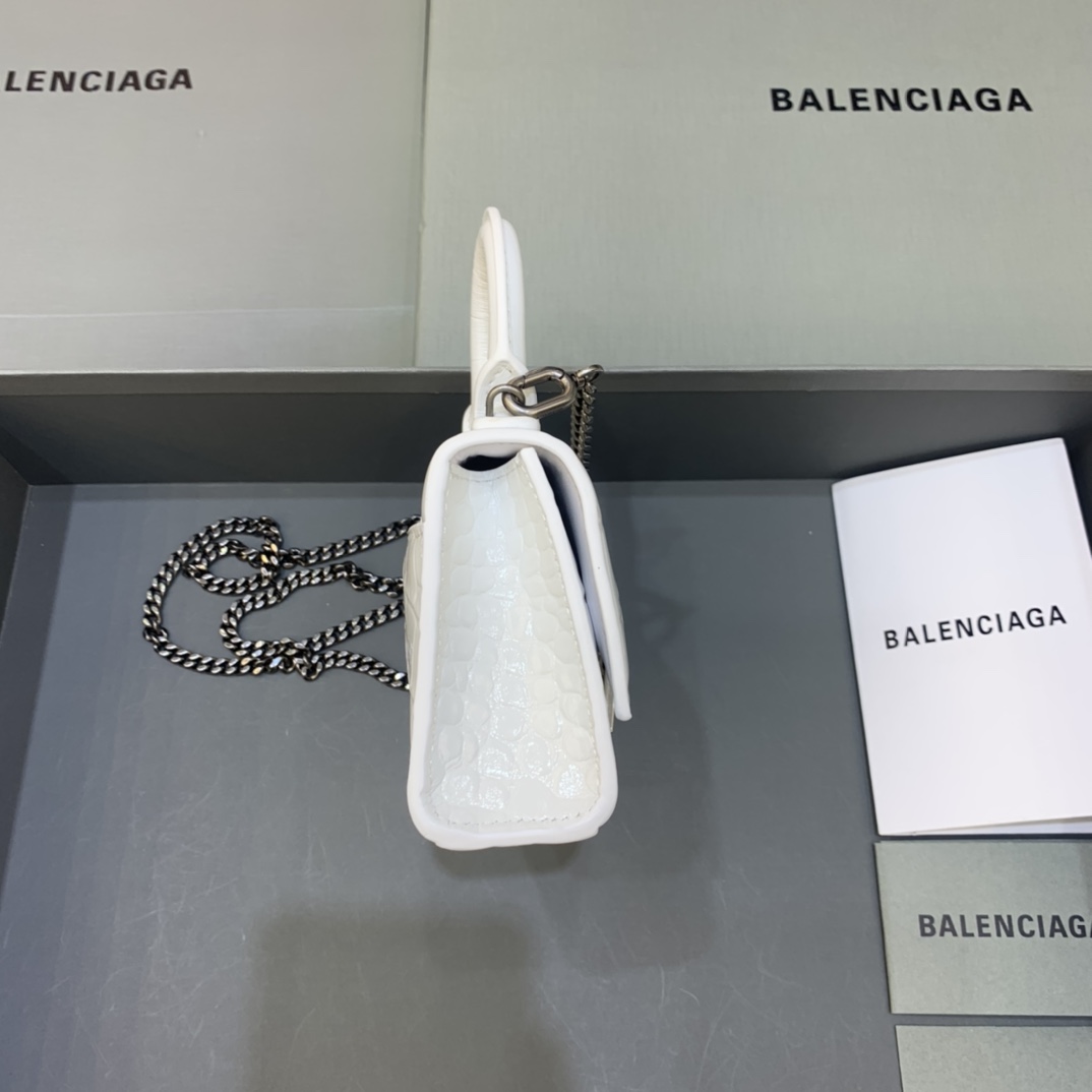 Balenciaga Hourglass Mini Handbag With Chain Crocodile Embossed Shoulder Bag White